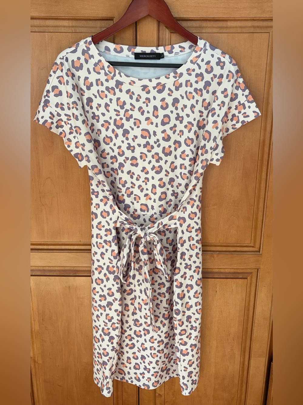 MEROKEETY Leopard Print Tie Waist T-Shirt Dress - Size Women’s Large